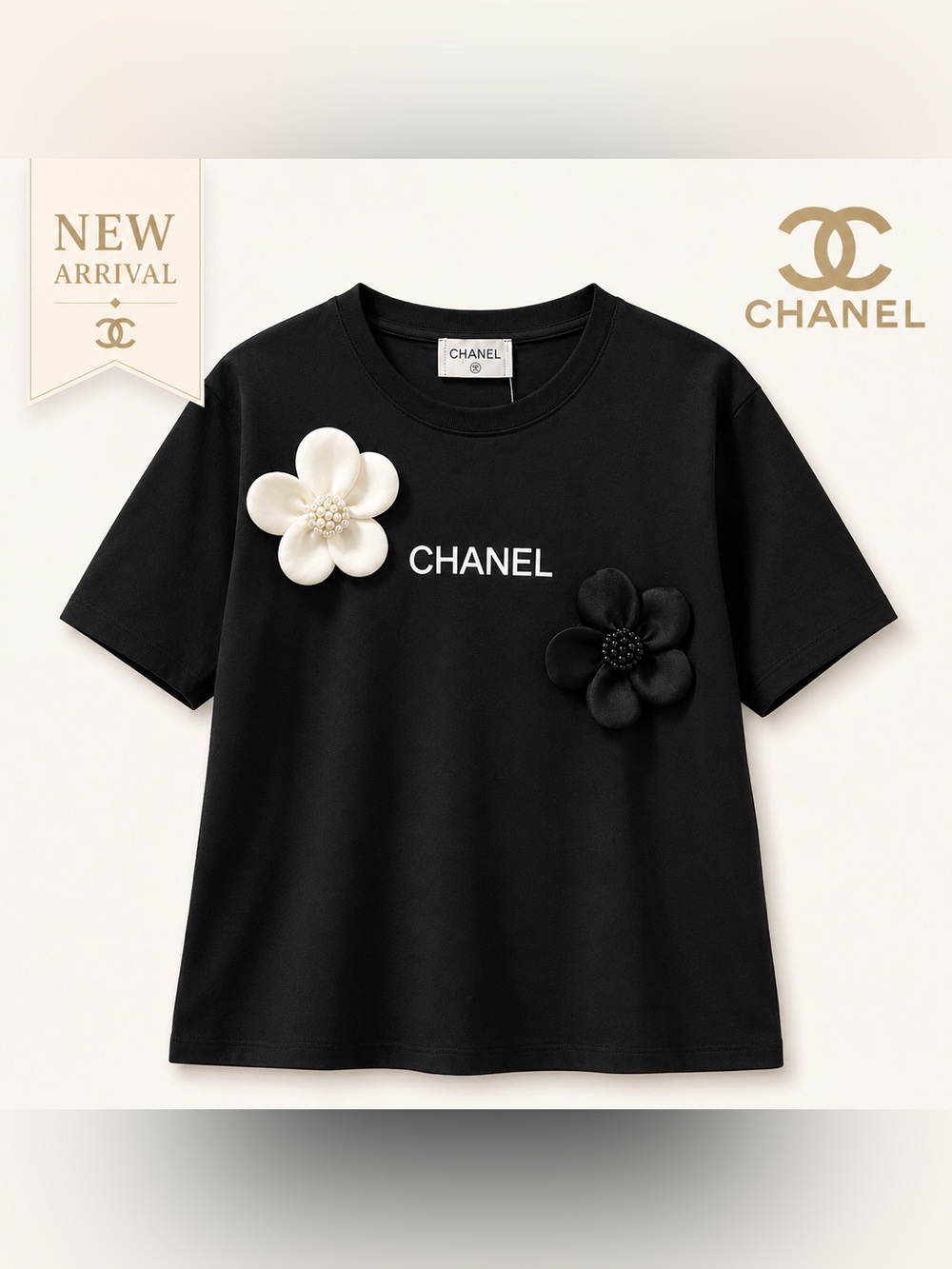 ✨ Women’s Floral Appliqué Logo T-Shirt – Black ✨